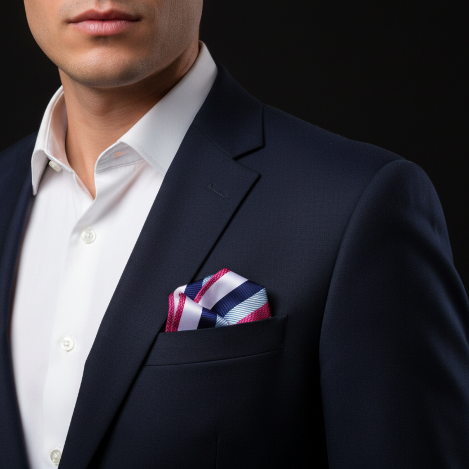 Man wearing a navy suit with a white shirt and striped pocket square on a black background