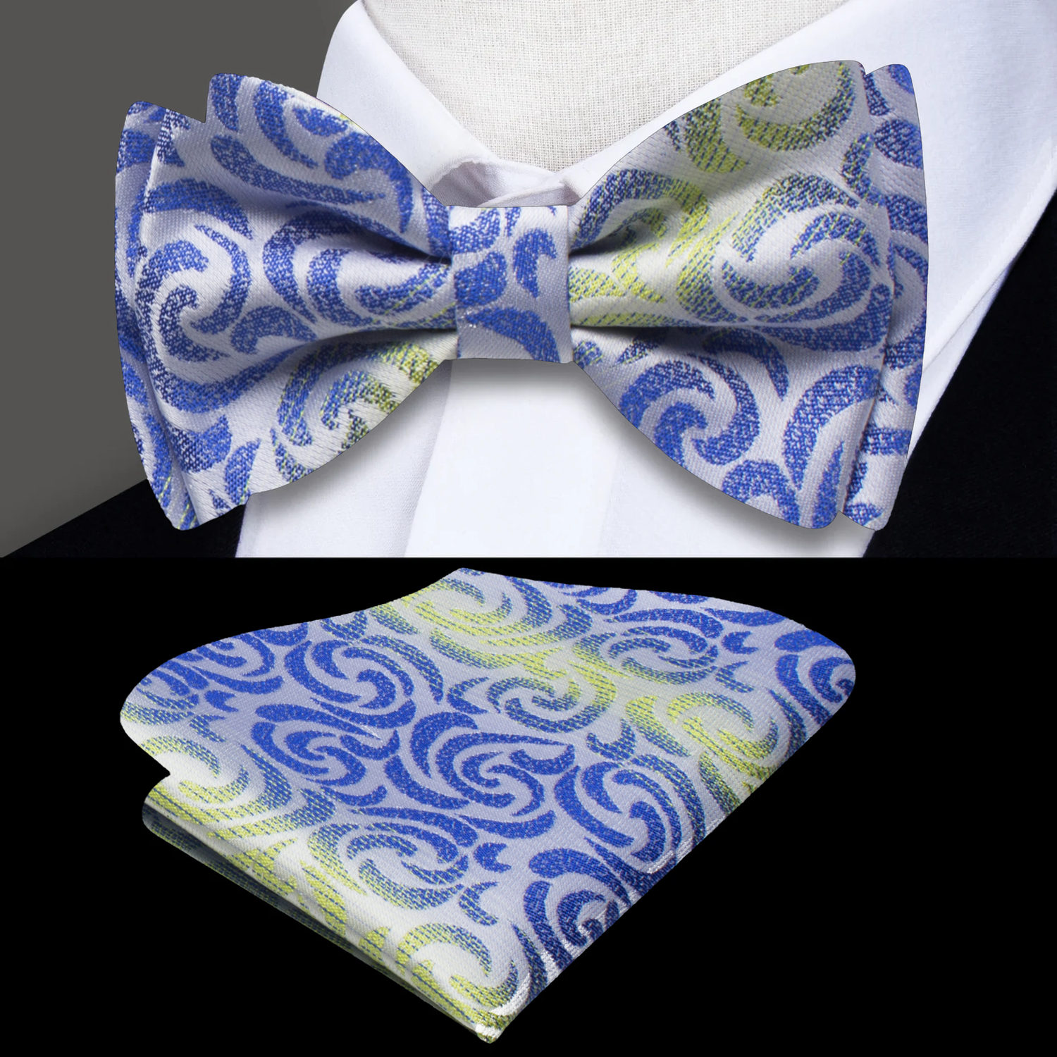 A matching men's formal accessory set featuring a patterned bow tie and pocket square. The set has a white base with a textured blue swirl pattern and lime green accents, shown both worn on a white shirt collar and laid flat against a black background.
