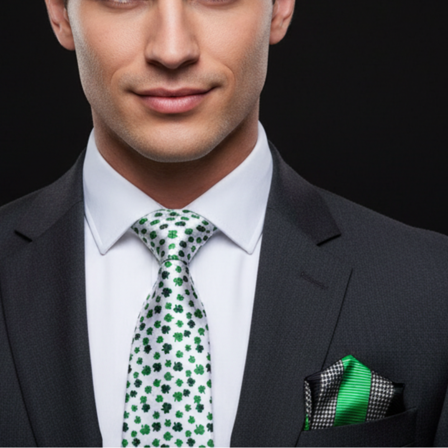 Man wearing a dark suit with a white shirt, green tie, and matching pocket square on a black background