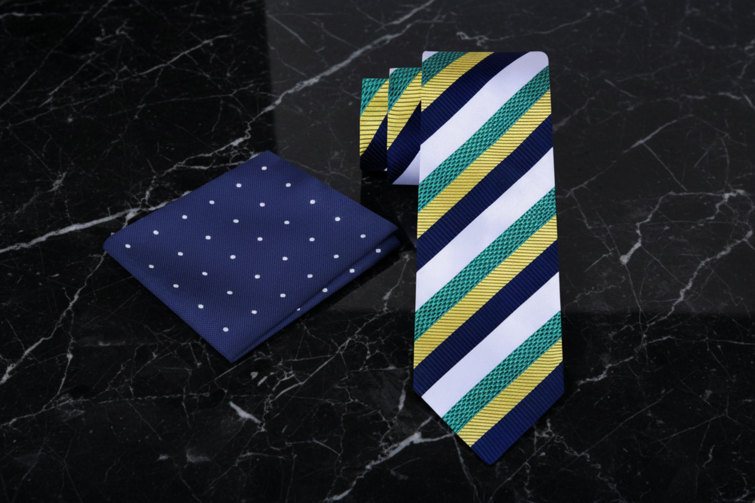 A Yellow Gold, Blue and White Stripe Necktie and Accenting Polka Square