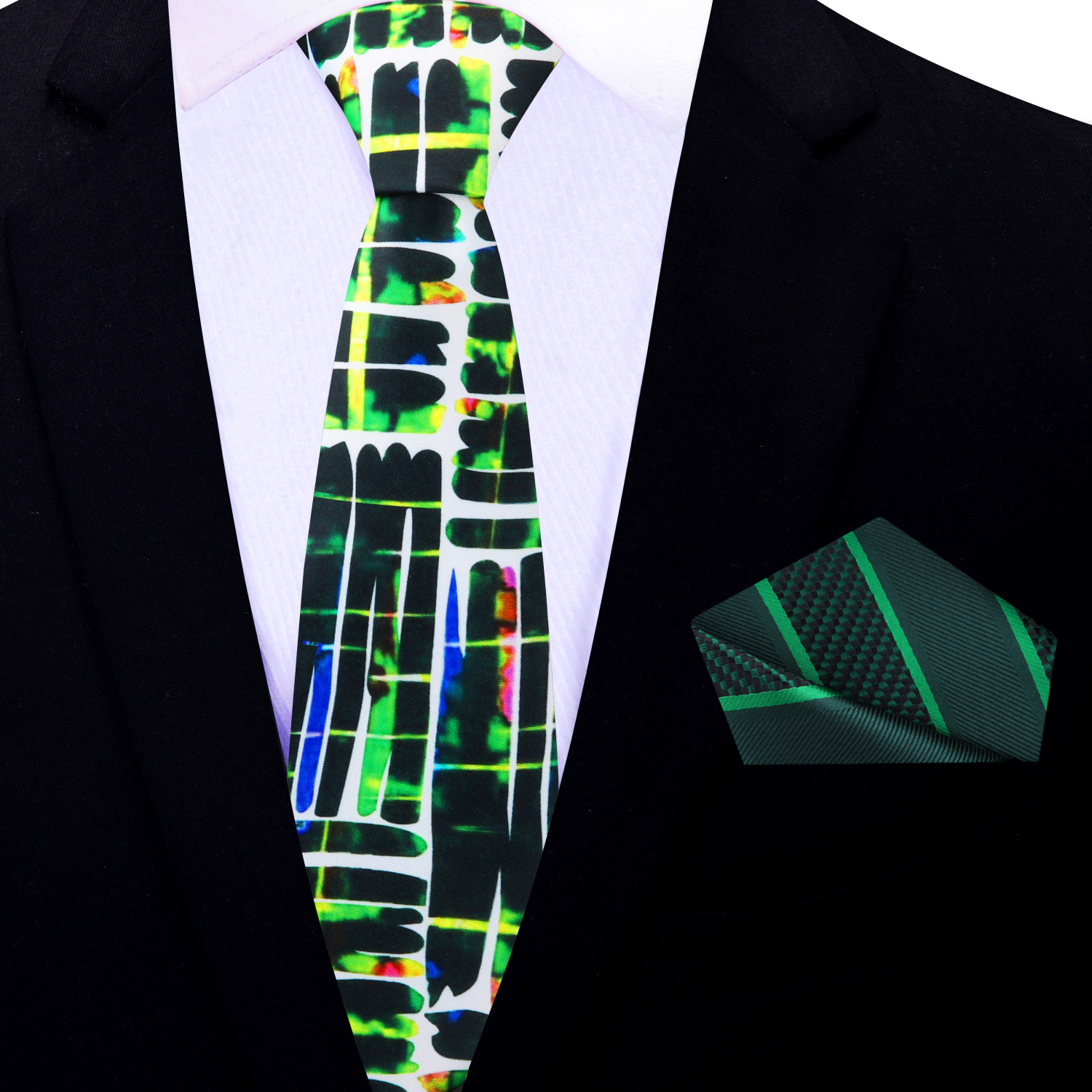 Thin White, Green and Black Abstract Tie and Green Stripe Square