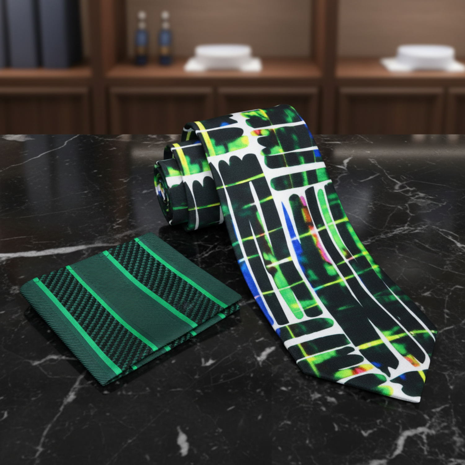 Alt view: White, Green Scribbles Necktie and Green Square