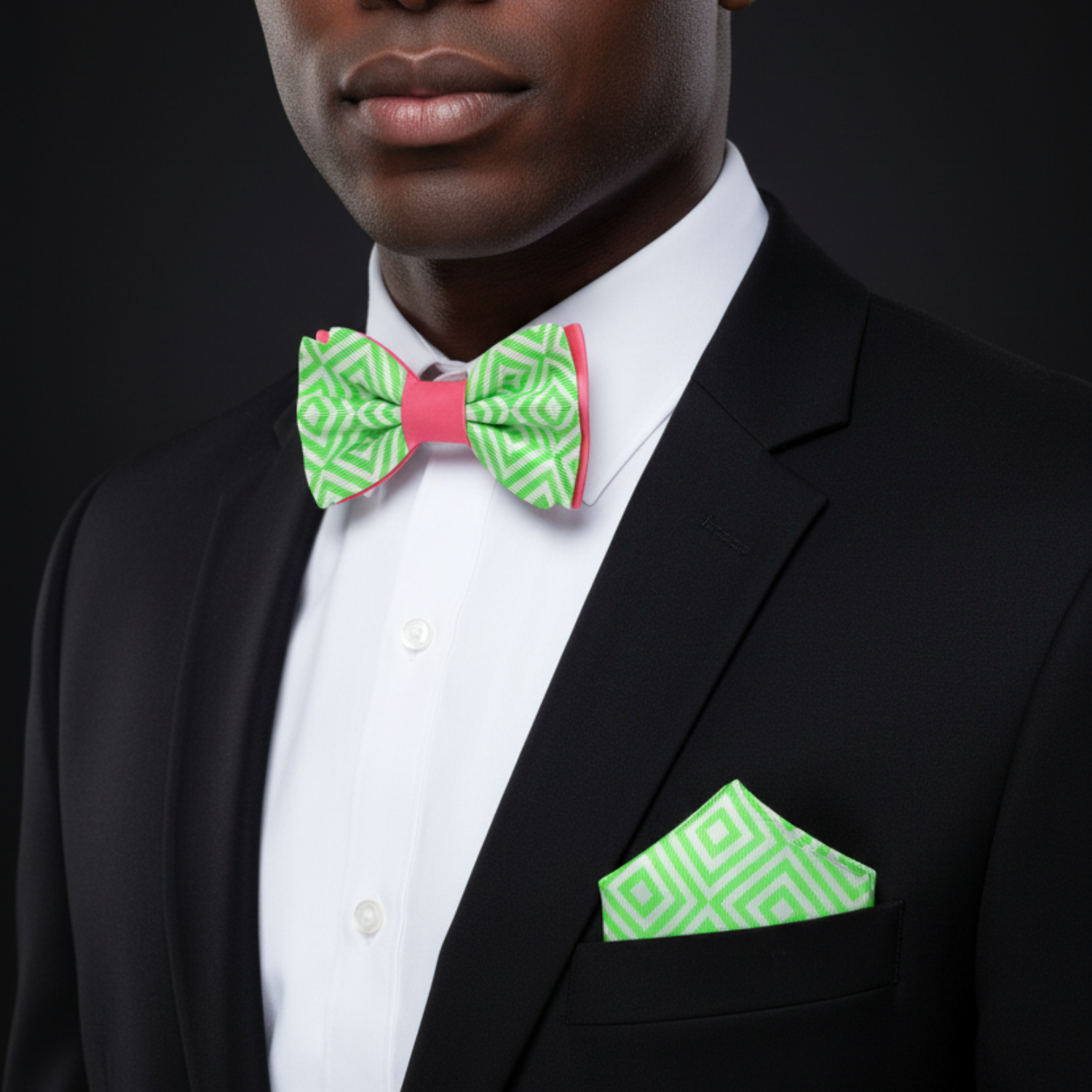 Man wearing a black suit with a green and pink bow tie and matching pocket square against a dark background.