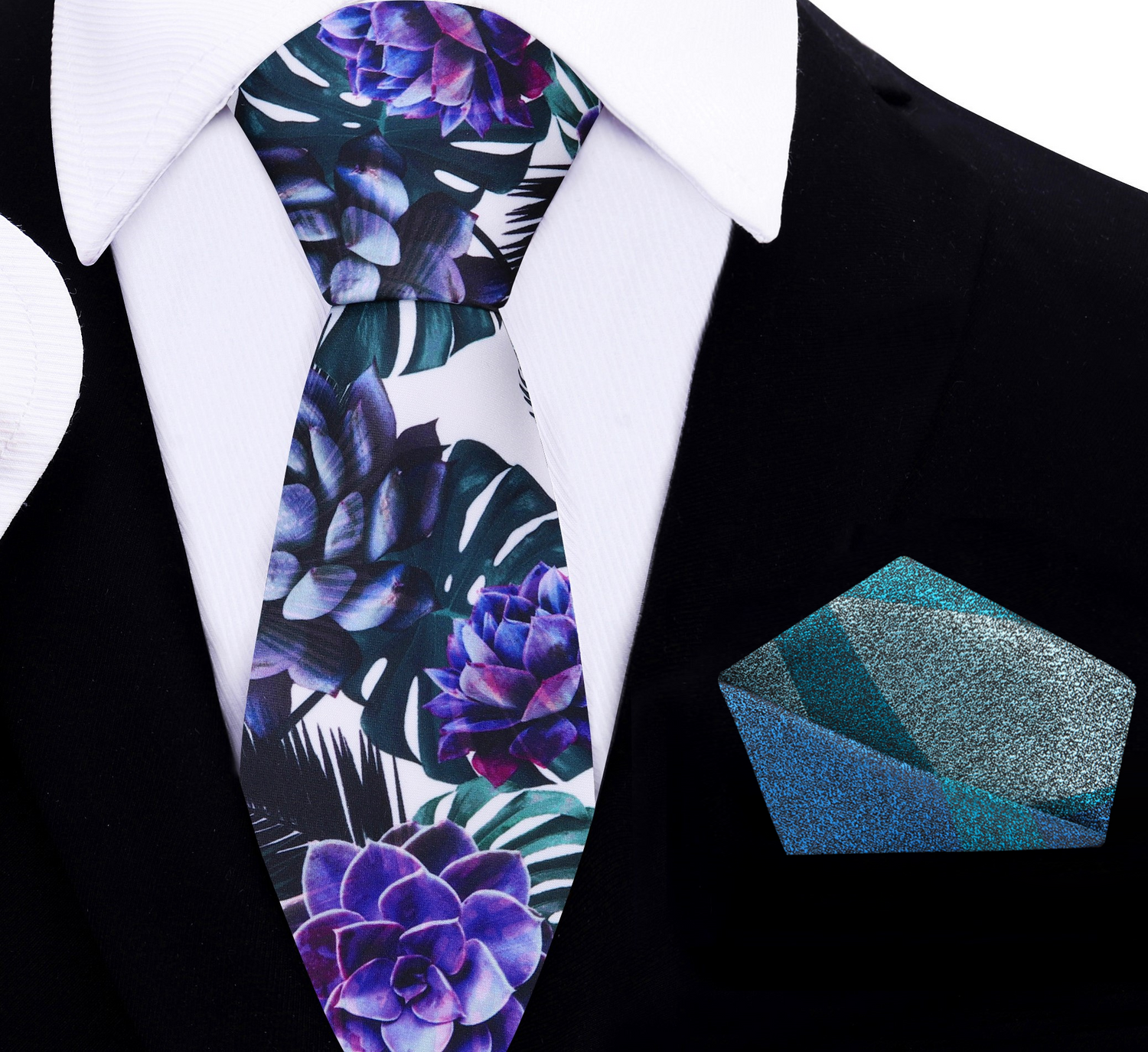 Thin Alt A White, Green, Purple Color Leaf and Flower Pattern Tie and Accenting Square