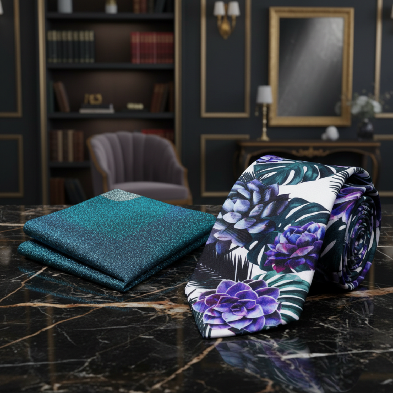 Alt A White, Green, Purple Color Leaf and Flower Pattern Tie and Accenting Square