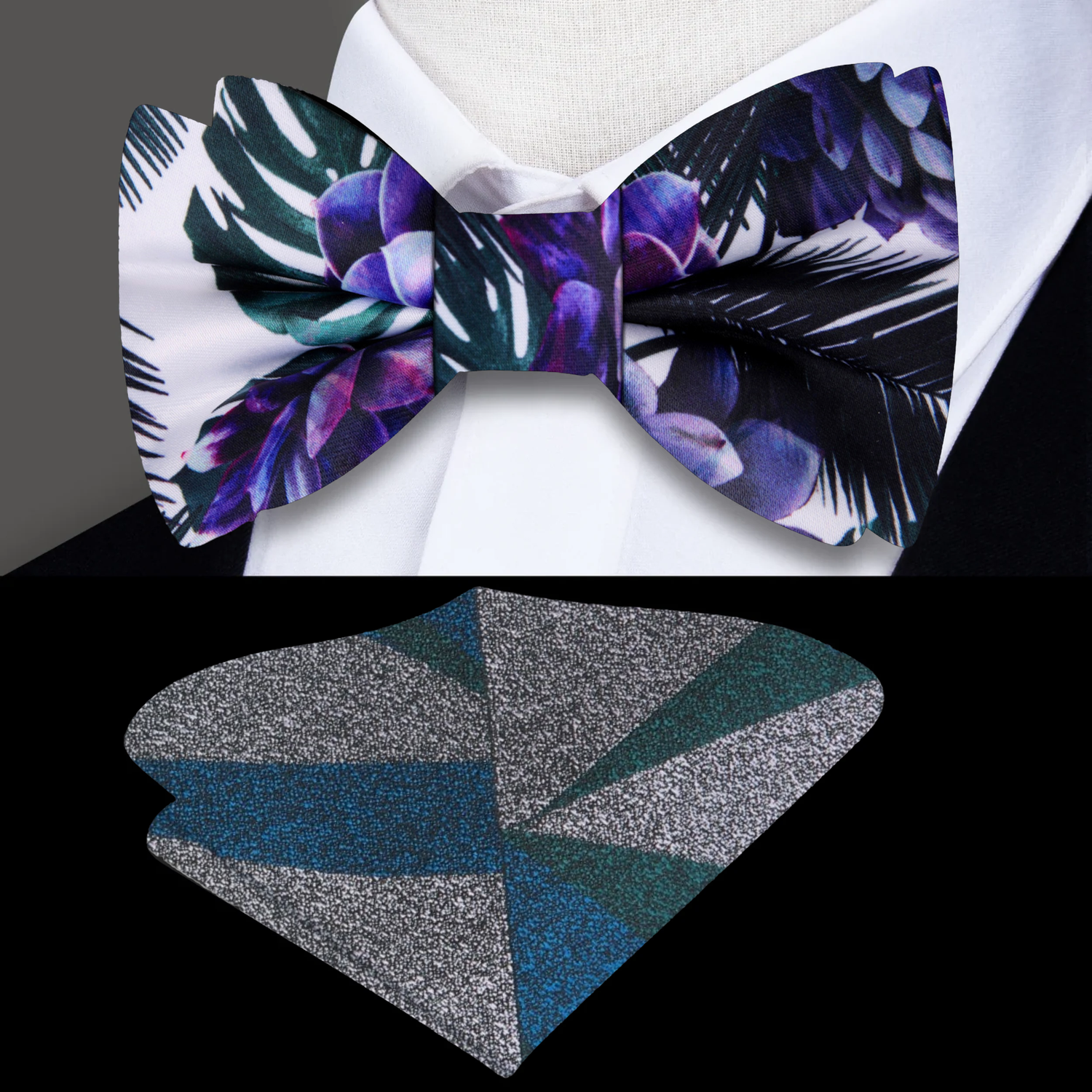 A White, Green, Purple Colored Floral with Leaves Bow Tie, Accenting Pocket Square