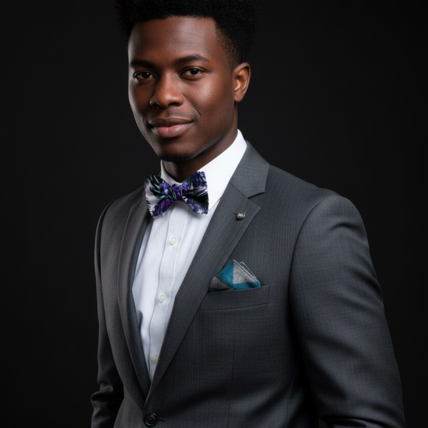 Man wearing a gray suit with a colorful bow tie and pocket square on a black background