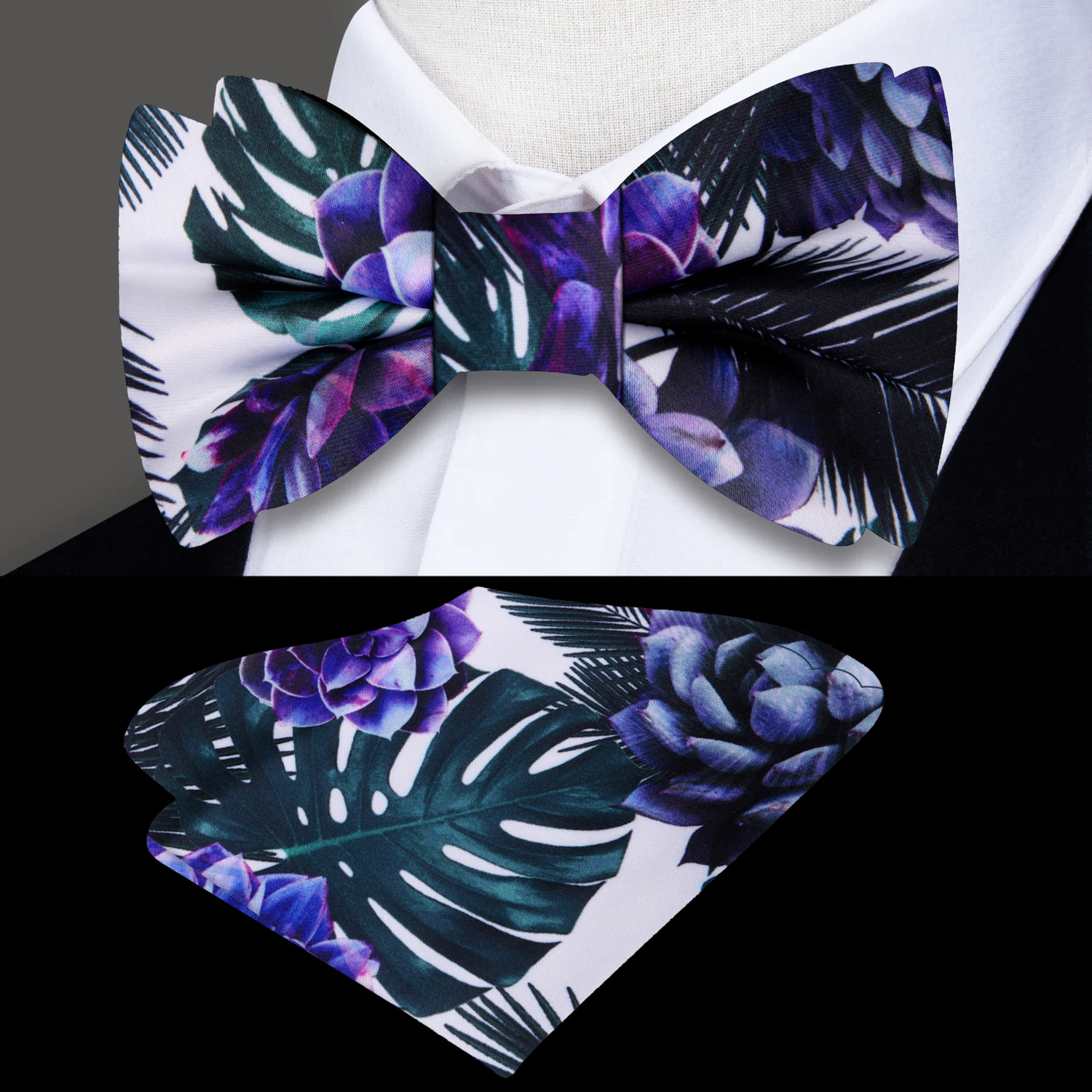 A White, Green, Purple Colored Floral with Leaves Bow Tie, Matching Pocket Square