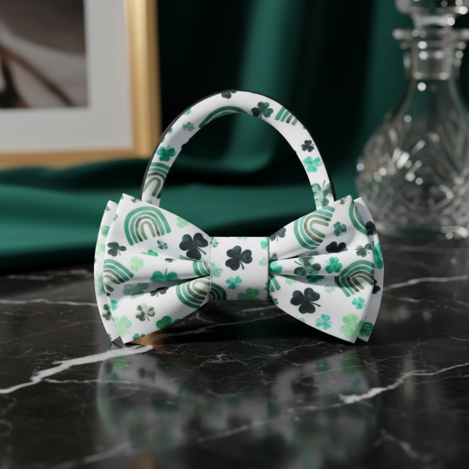 White with Shades of Green Clovers and Rainbows Bow Tie Pre Tied