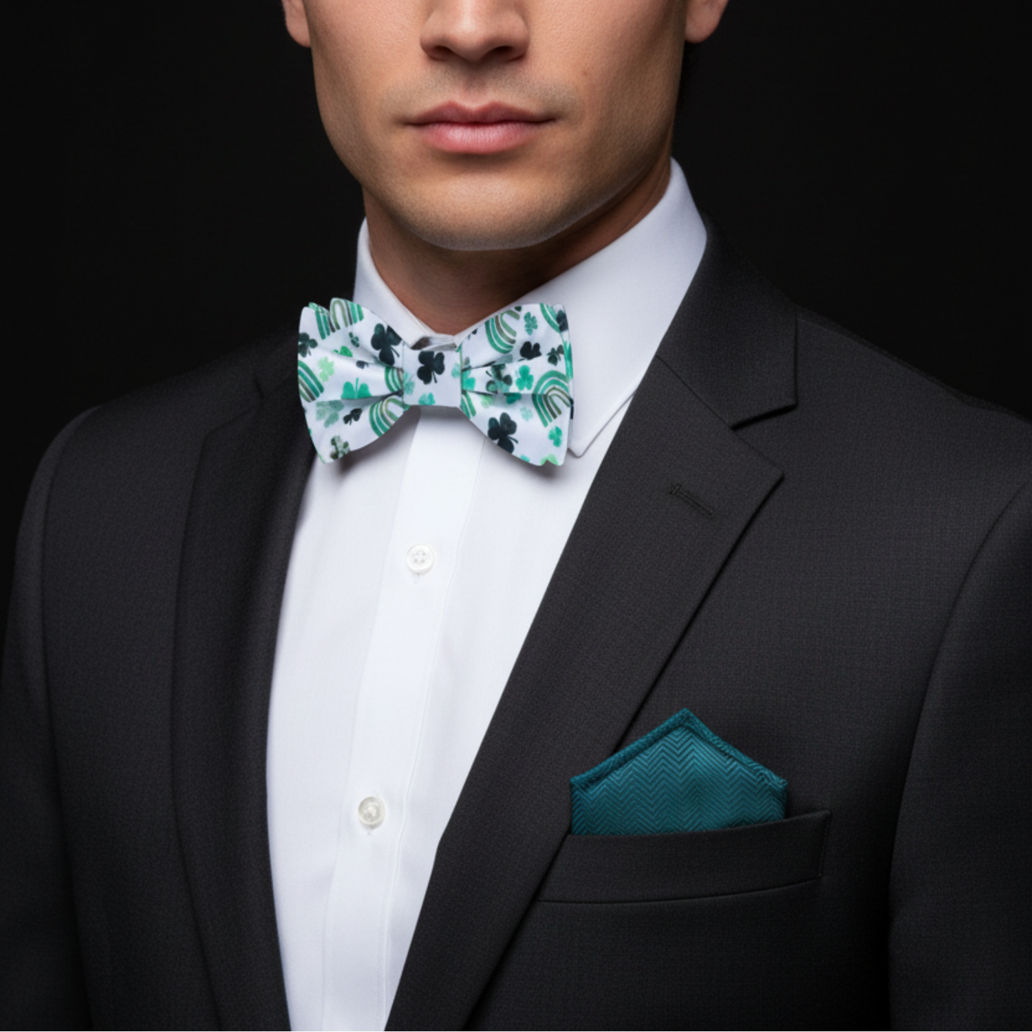 Man wearing white and green lucky bow tie and square on suit