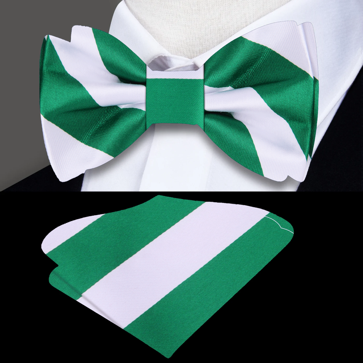A Green, White Color Stripe Pattern Bow Tie, Pocket Square||Lucky Green, White