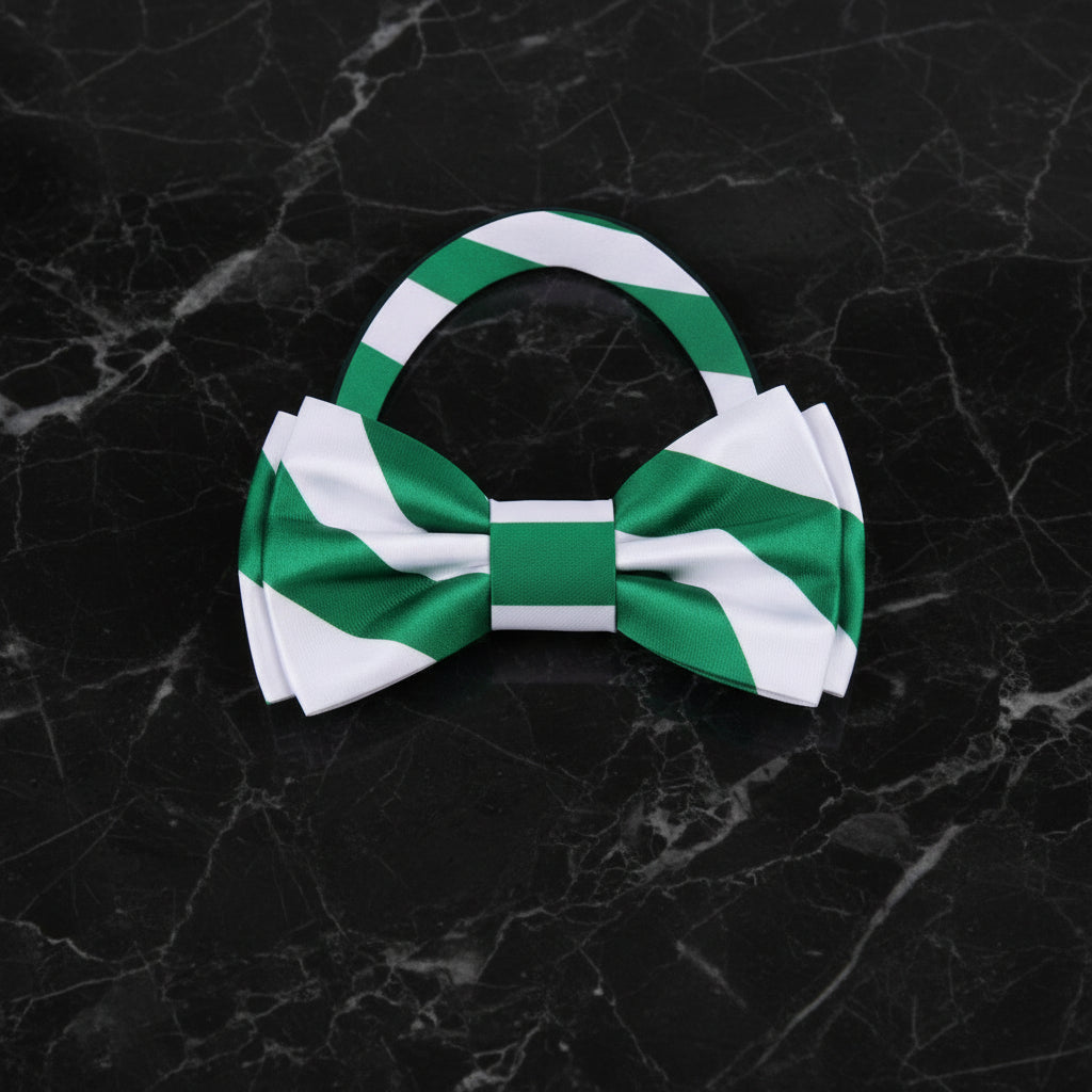 A Green, White Color Stripe Pattern Bow Tie Pre Tied