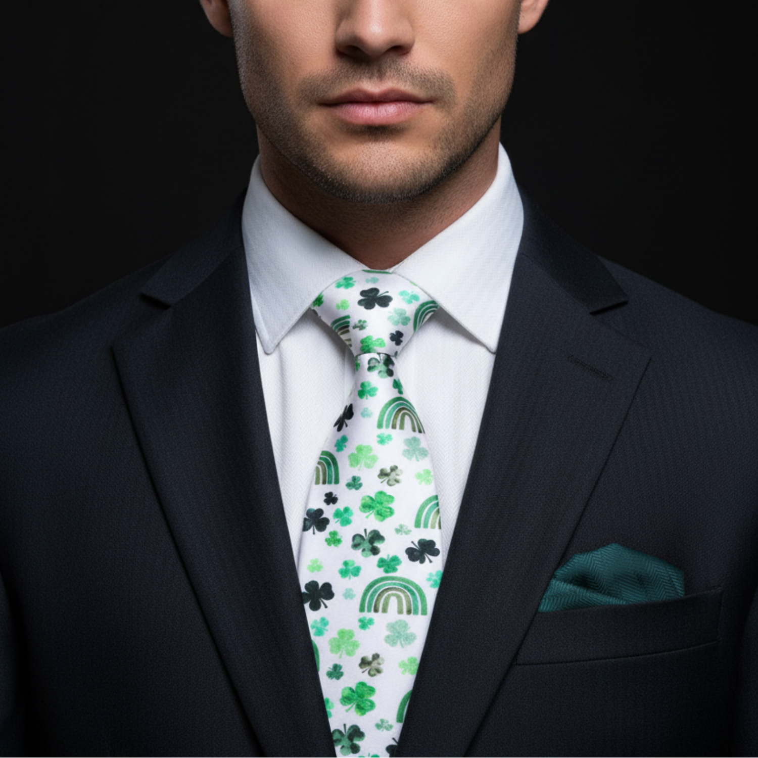 Man wearing white and green lucky tie and green square on suit