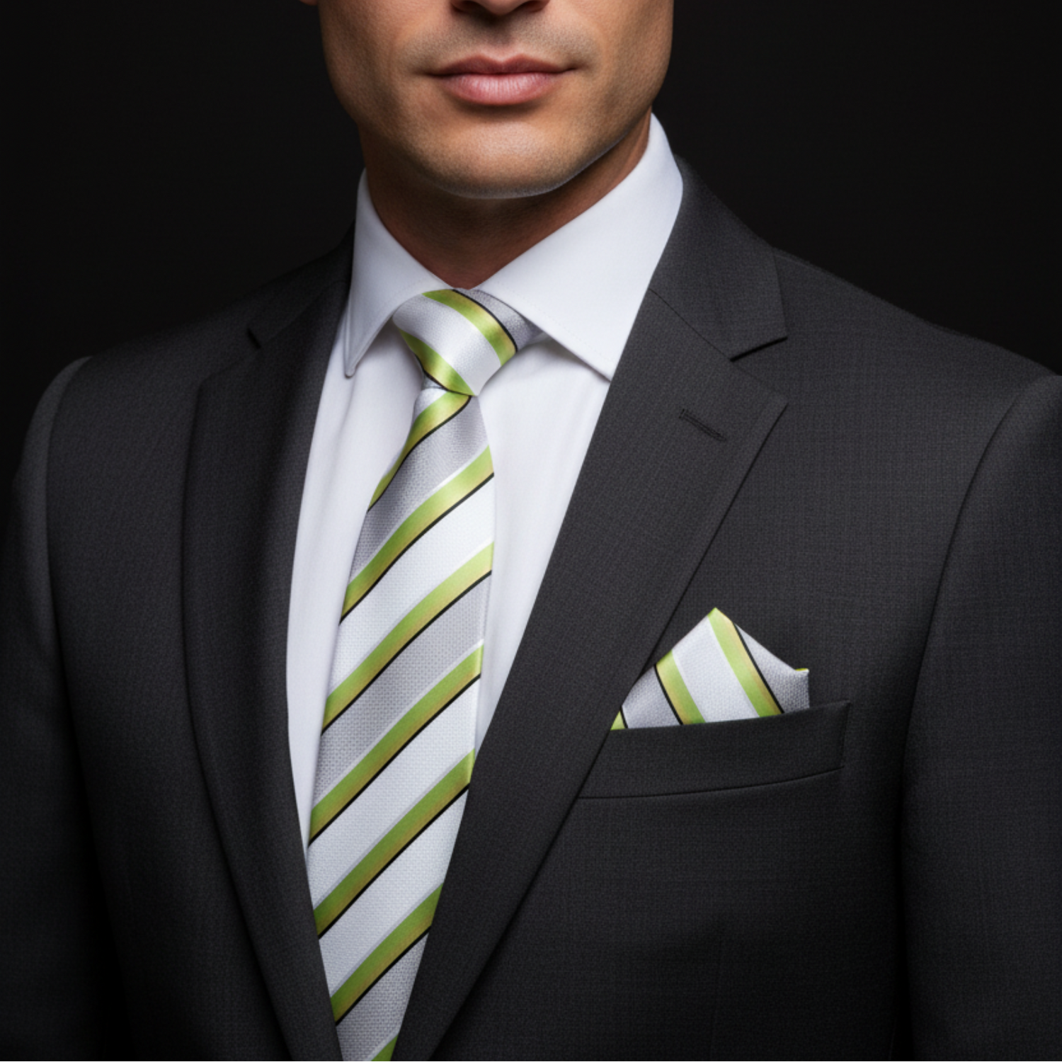 White and Green Stripe Tie and Square