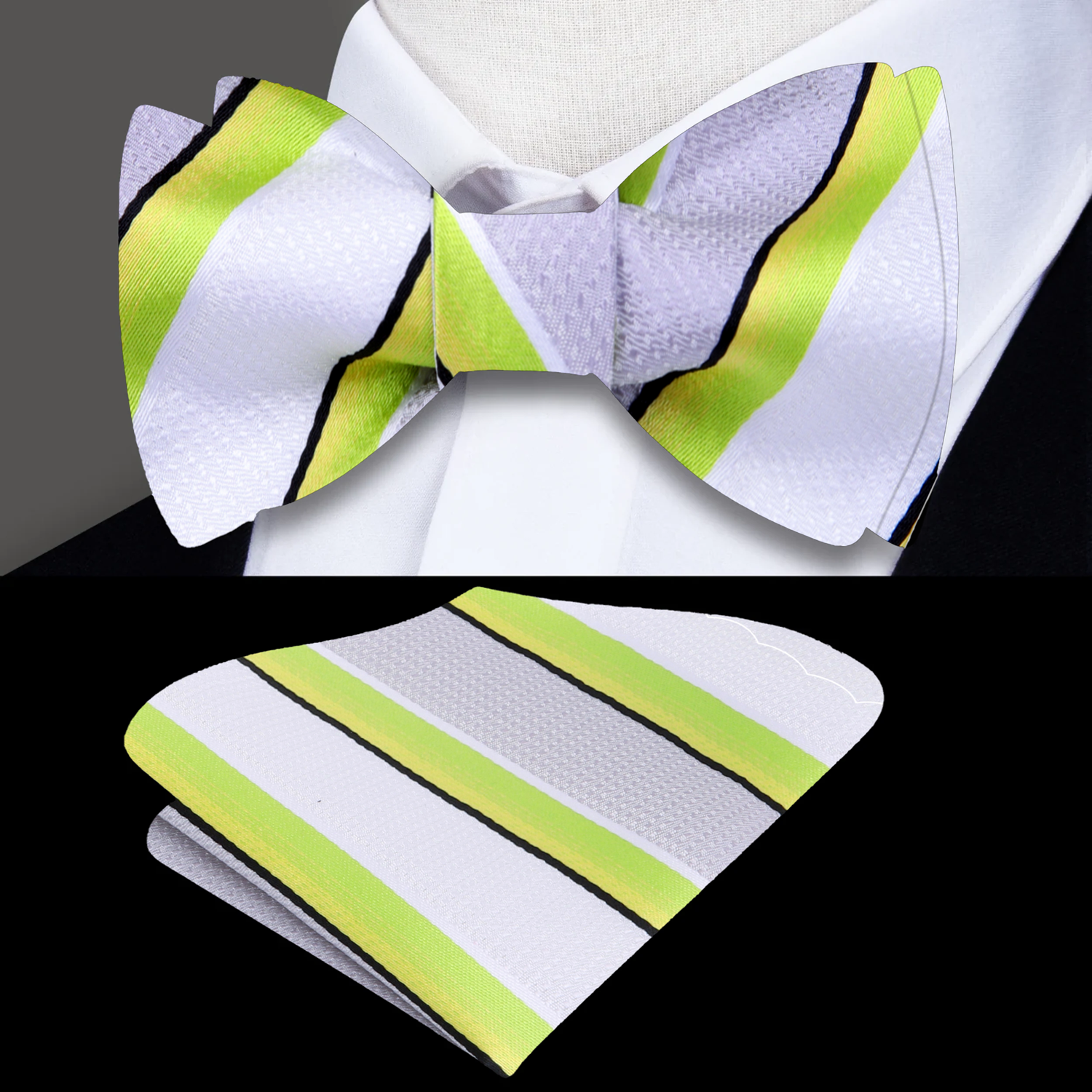 White, Green and Yellow Stripe Self Tie Bow Tie and Square