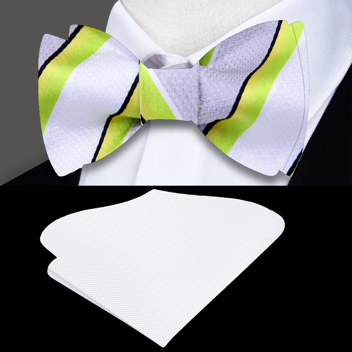 White, Green and Yellow Stripe Self Tie Bow Tie and White Square