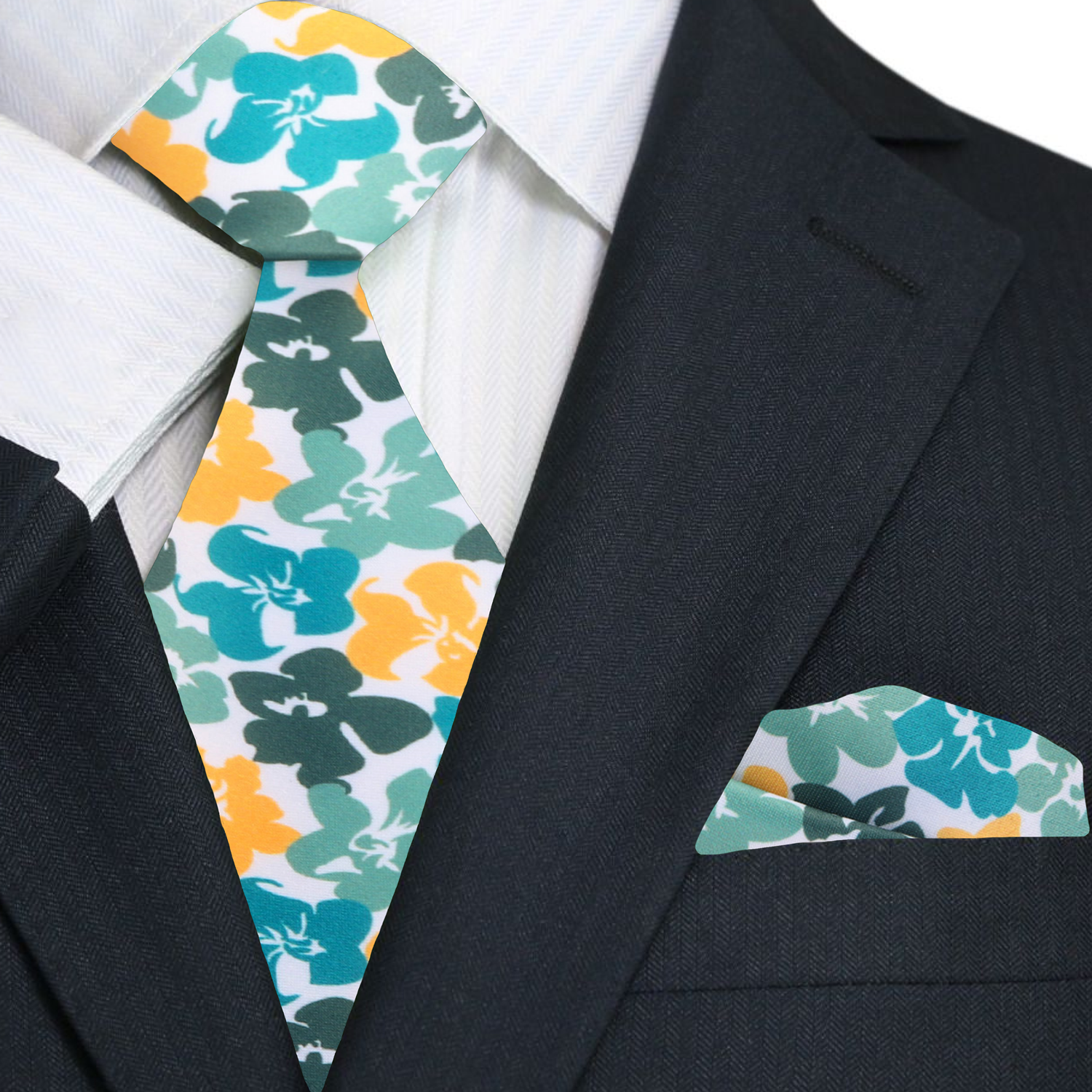 Premium Rich Teal Hibiscus Flowers Tie and Square|