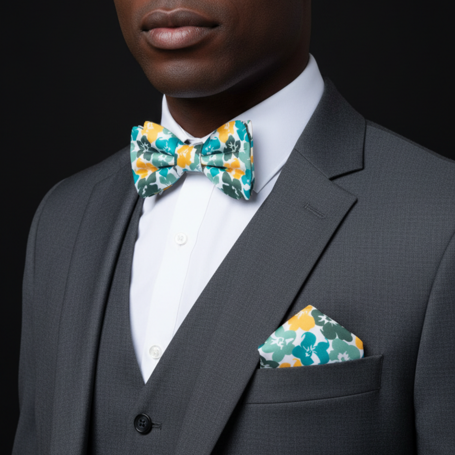 Man wearing a gray suit with a colorful bow tie and pocket square against a black background