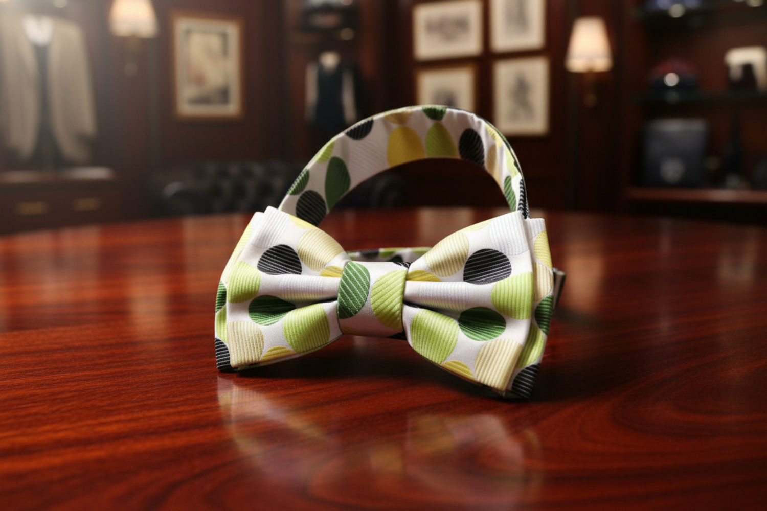Main View: White, Green, Yellow Polka Dot Bow Tie Pre Tied