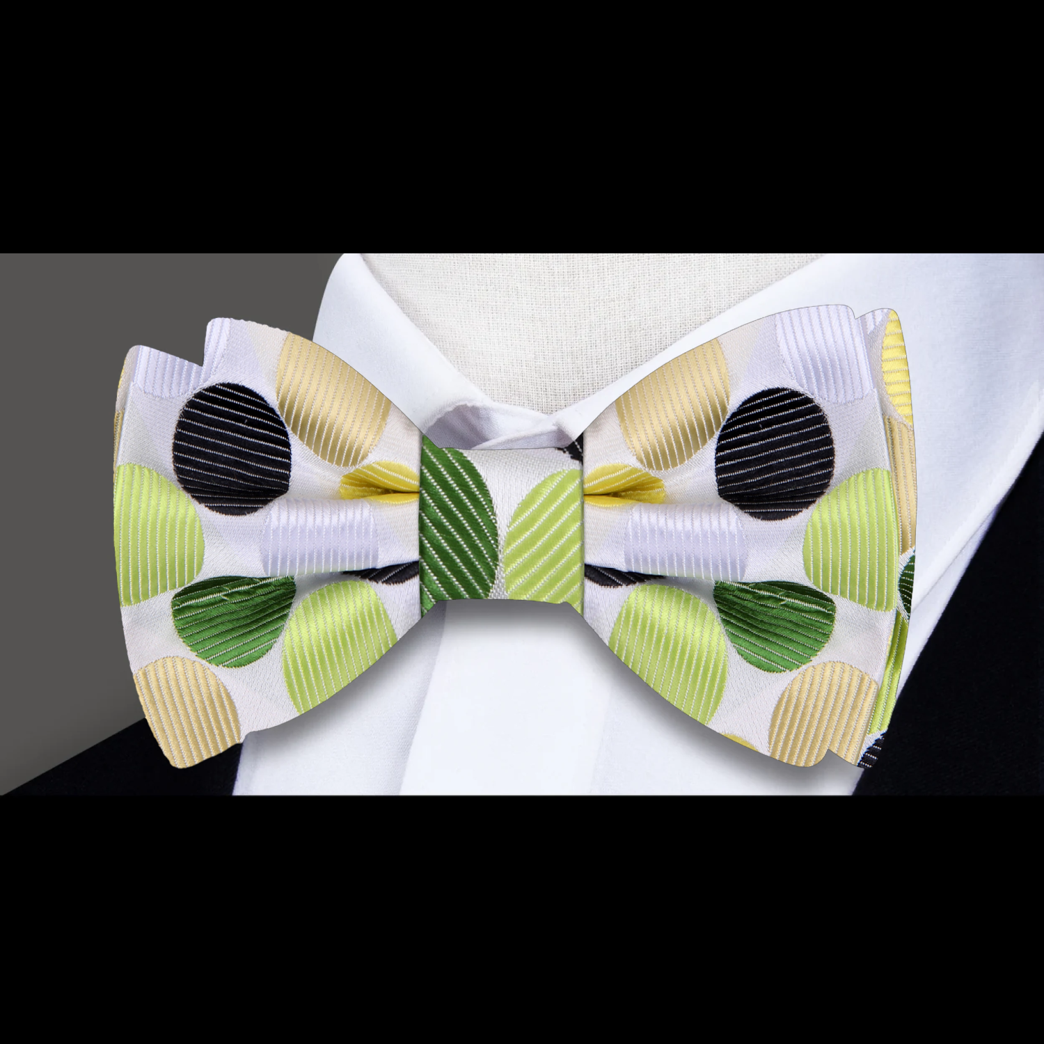 Main View: White, Green, Yellow Polka Dot Bow Tie  