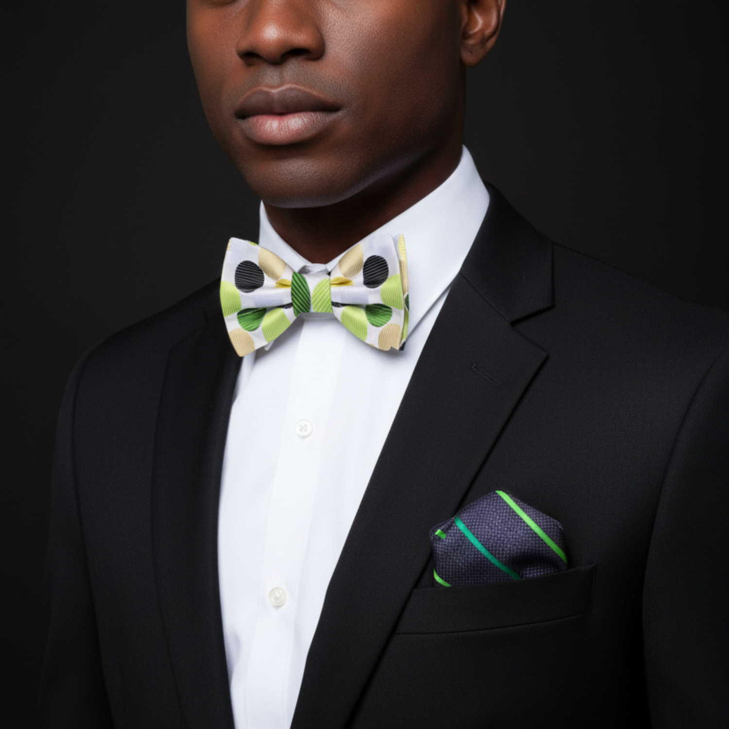 Man wearing a black suit with a colorful bow tie and pocket square on a gray background