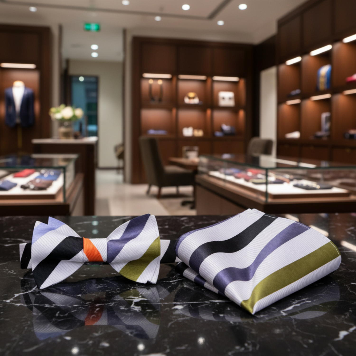 A White, Olive, Grey, Black, Orange Stripe Pattern Self-Tie Bow Tie and square