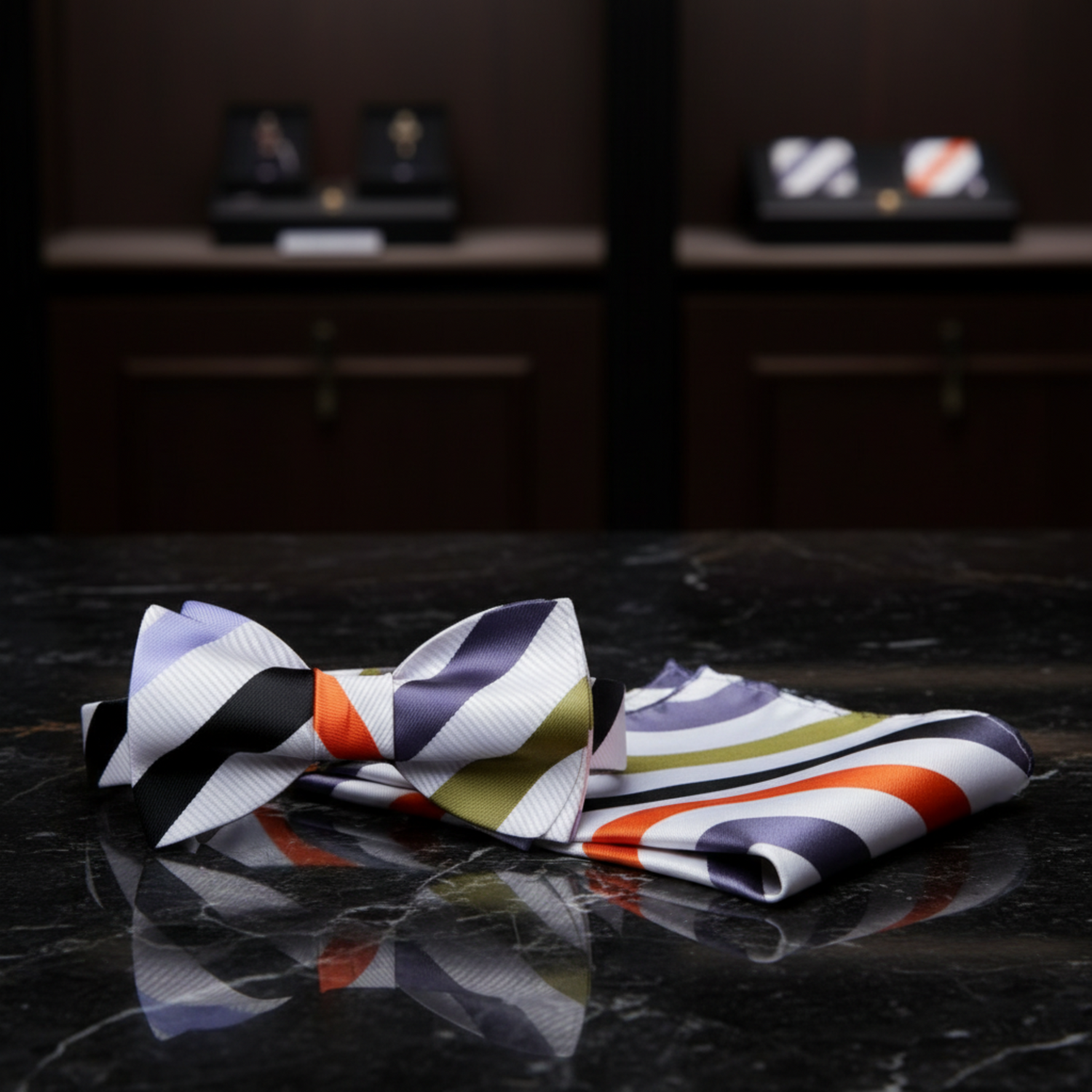 White, Olive, Black, orange Stripe Bow Tie and Square on Man