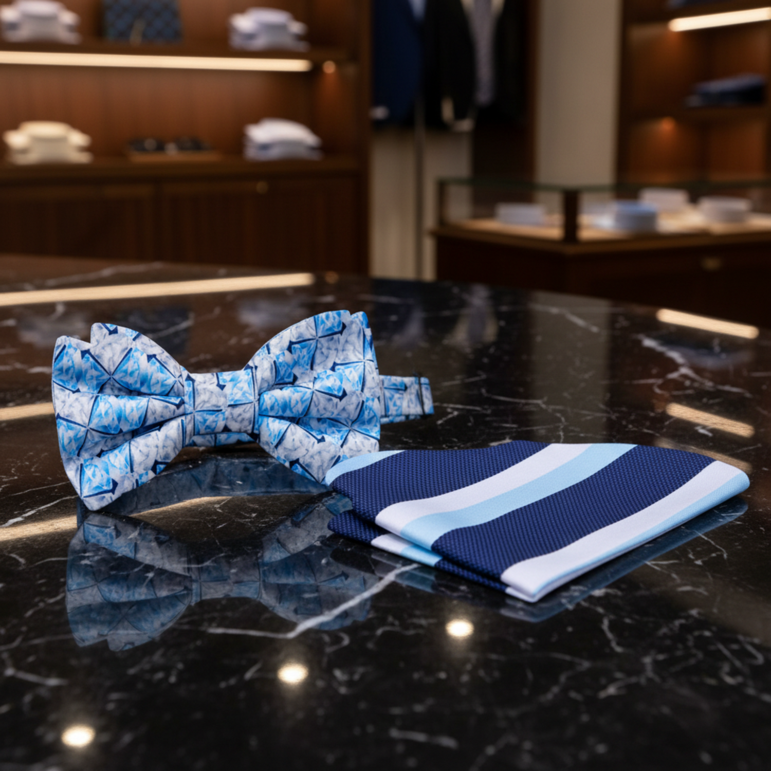 White Grey Blue Diamonds Geometric Bow Tie and Accenting Square