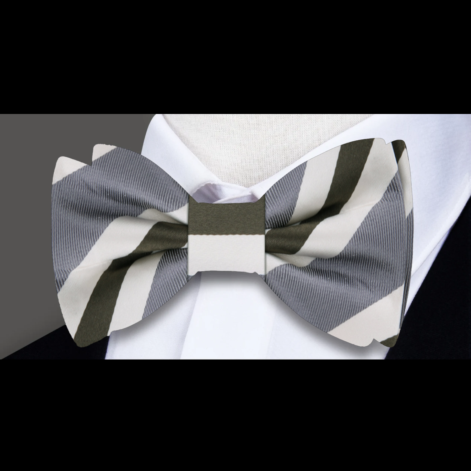 White, Olive, Grey Stripe Bow Tie Main