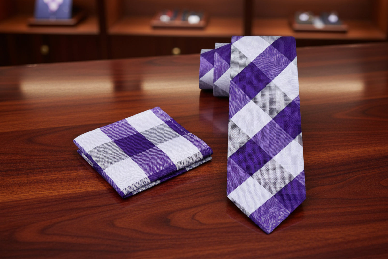 Alt Purple White Plaid Necktie and Matching Square