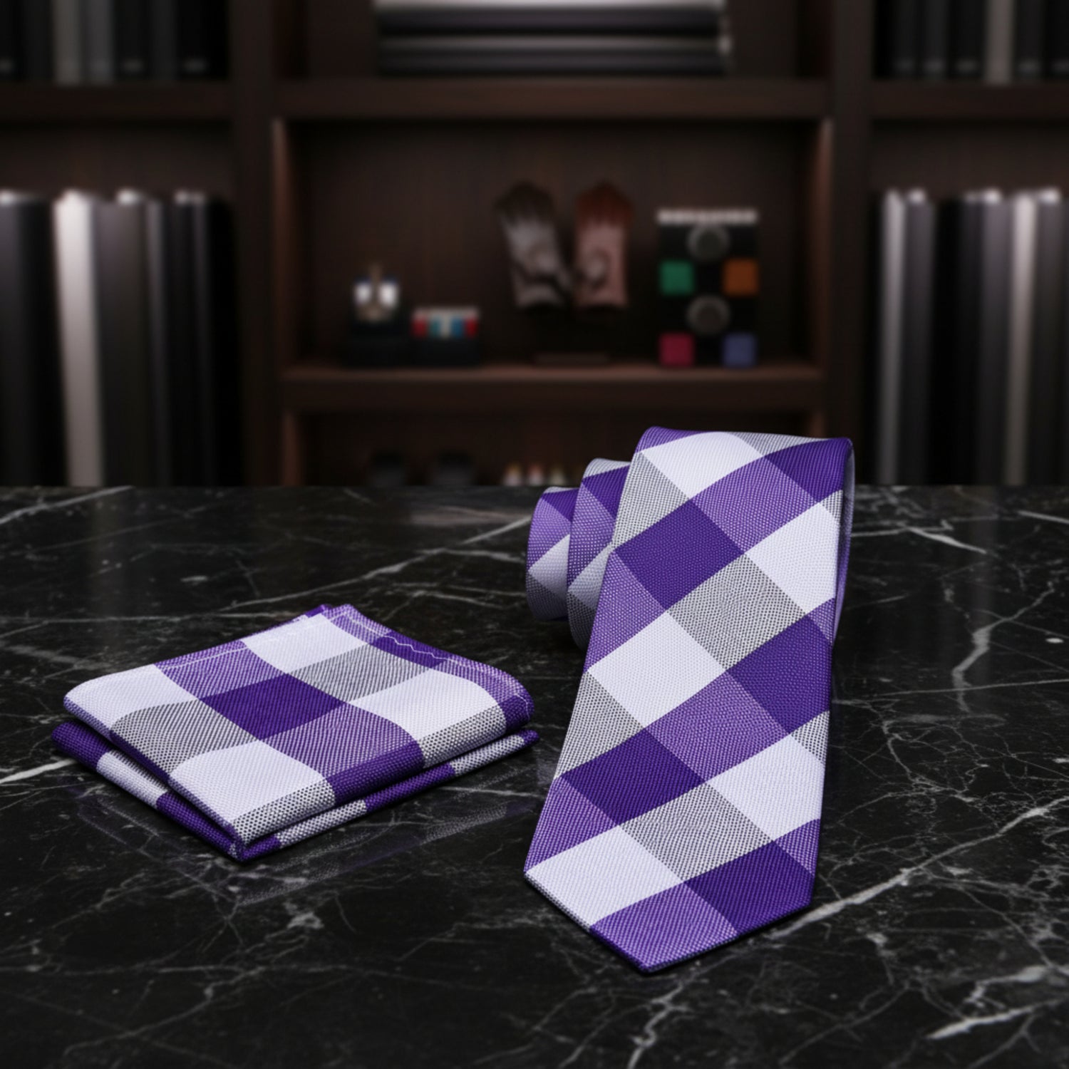 Purple and gray checkered tie and pocket square set on a white background