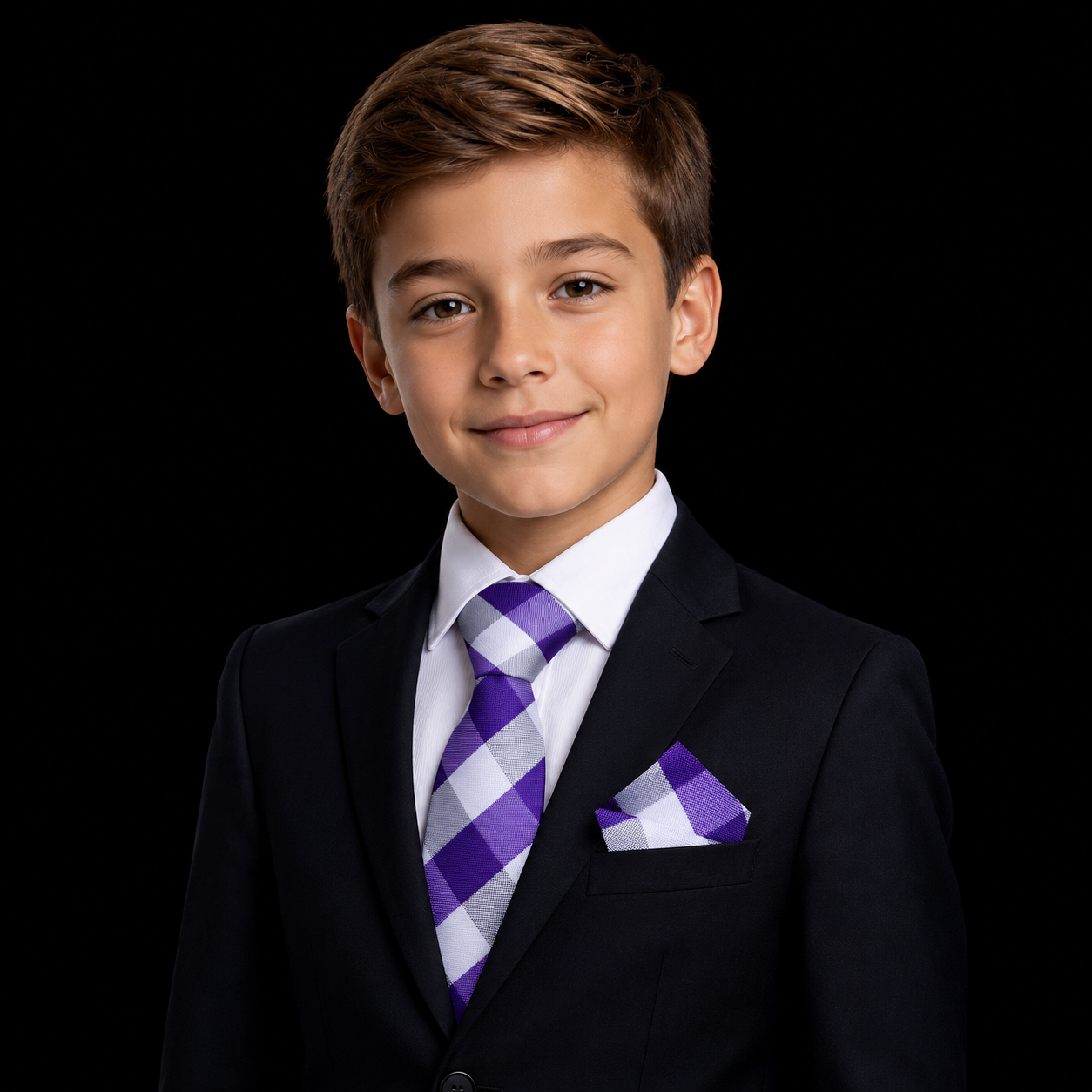 A young boy wearing a formal black suit, white dress shirt, a purple and white checkered tie, and a matching pocket square, photographed against a solid black background.