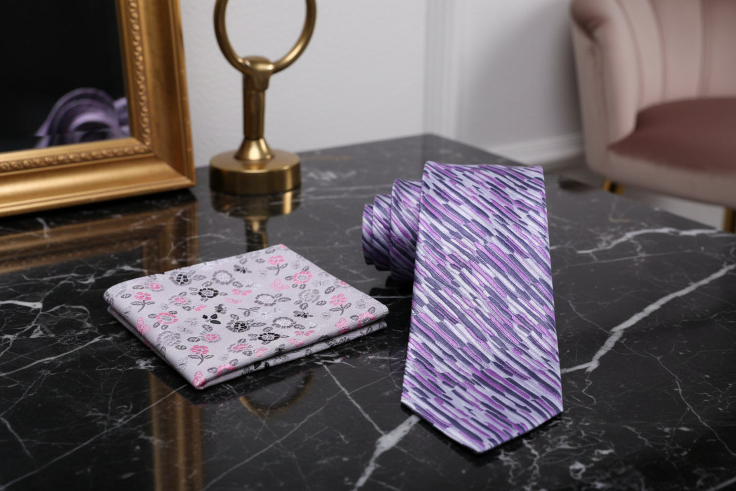 Alt: Main: White Grey Purple Abstract Tie and Floral Square