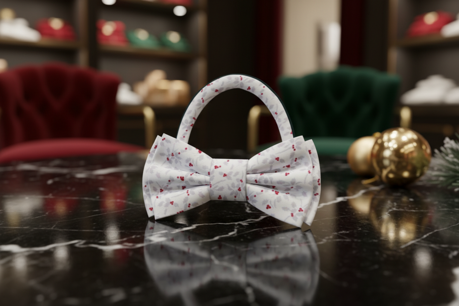 White, Red, Silver Holly Berries Bow Tie Pre Tied