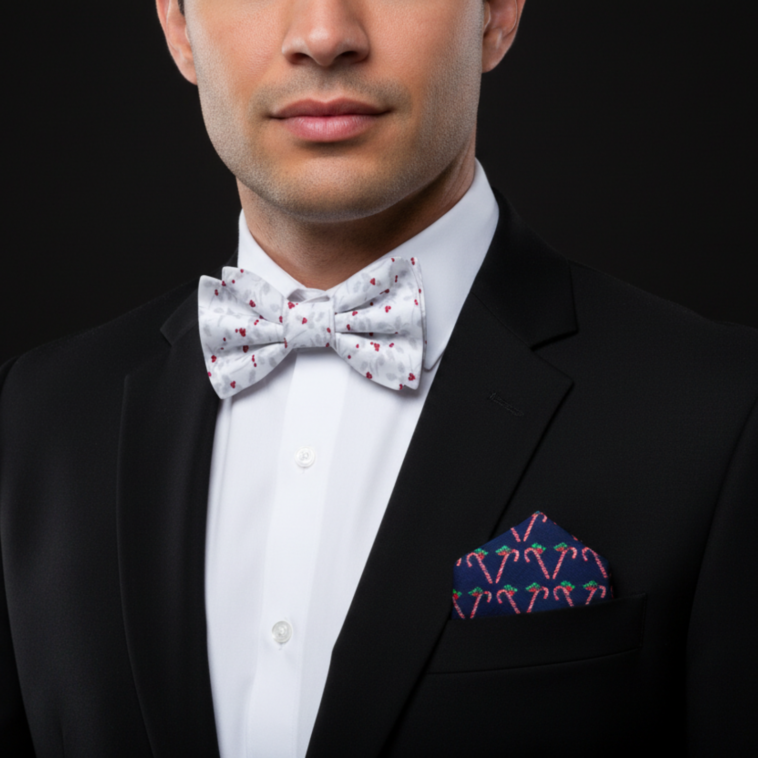 White, Grey & Red Holly Berry Bow Tie | Festive Elegance