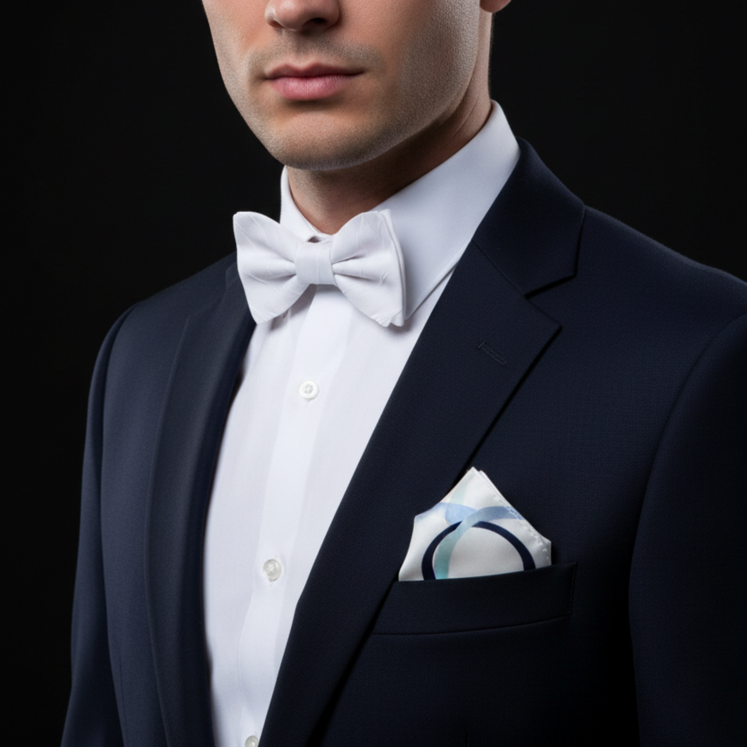 Man wearing a navy suit with a white bow tie and pocket square on a black background