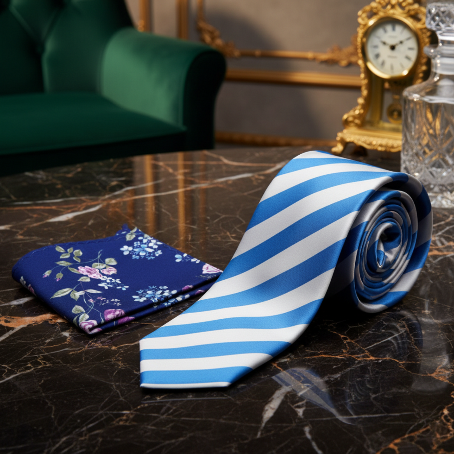 Alt White, Blue Block Stripe Necktie and Accenting Square