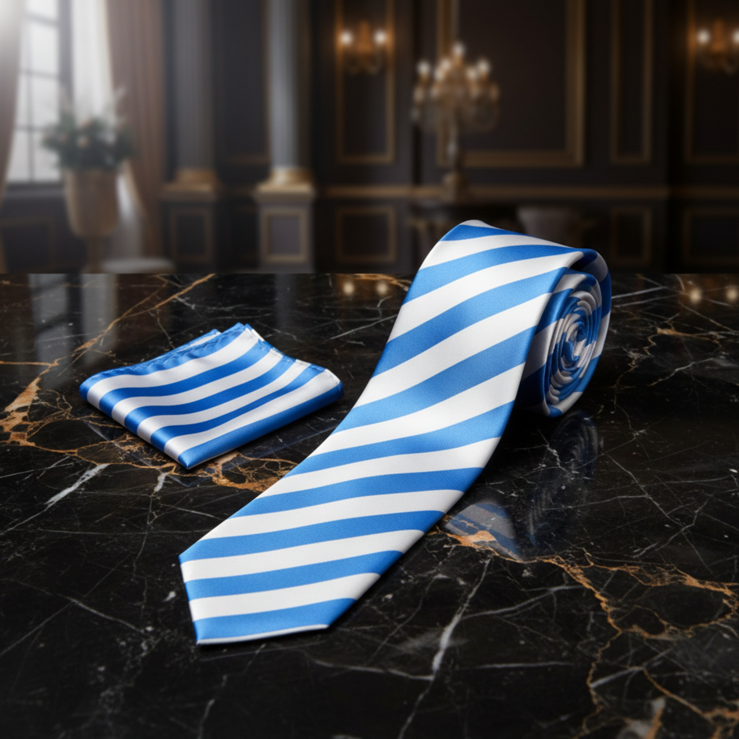 Alt White Light Blue Block Stripe Necktie and Square