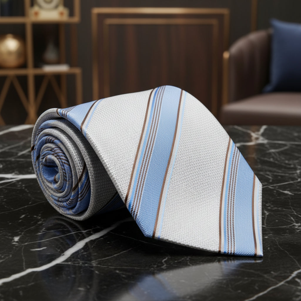 White, Blue Stripe Necktie Rolled View