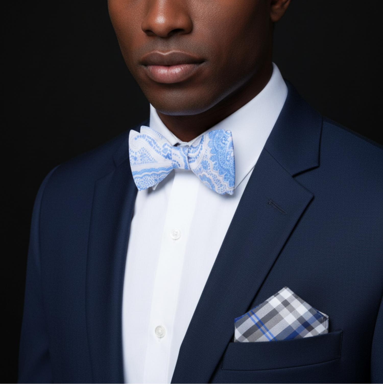 Man wearing a navy suit with a blue patterned bow tie and plaid pocket square against a black background