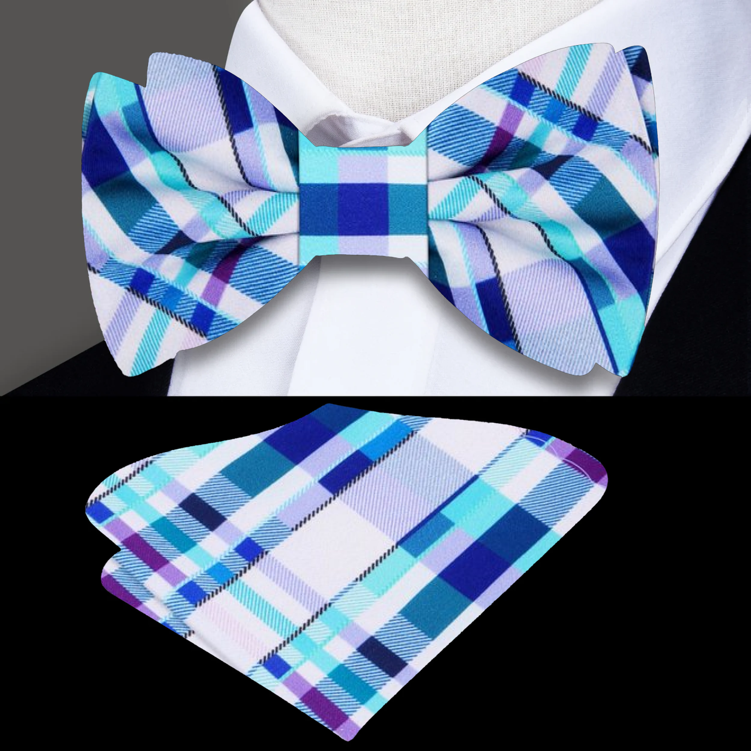 Light Blue Plaid Bow Tie and Pocket Square||Light Blue/Purple