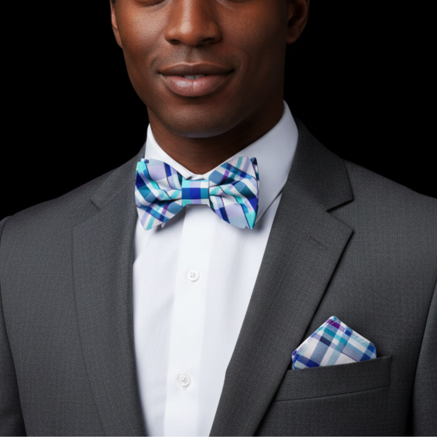 Light Blue Plaid Bow Tie and Pocket Square on man