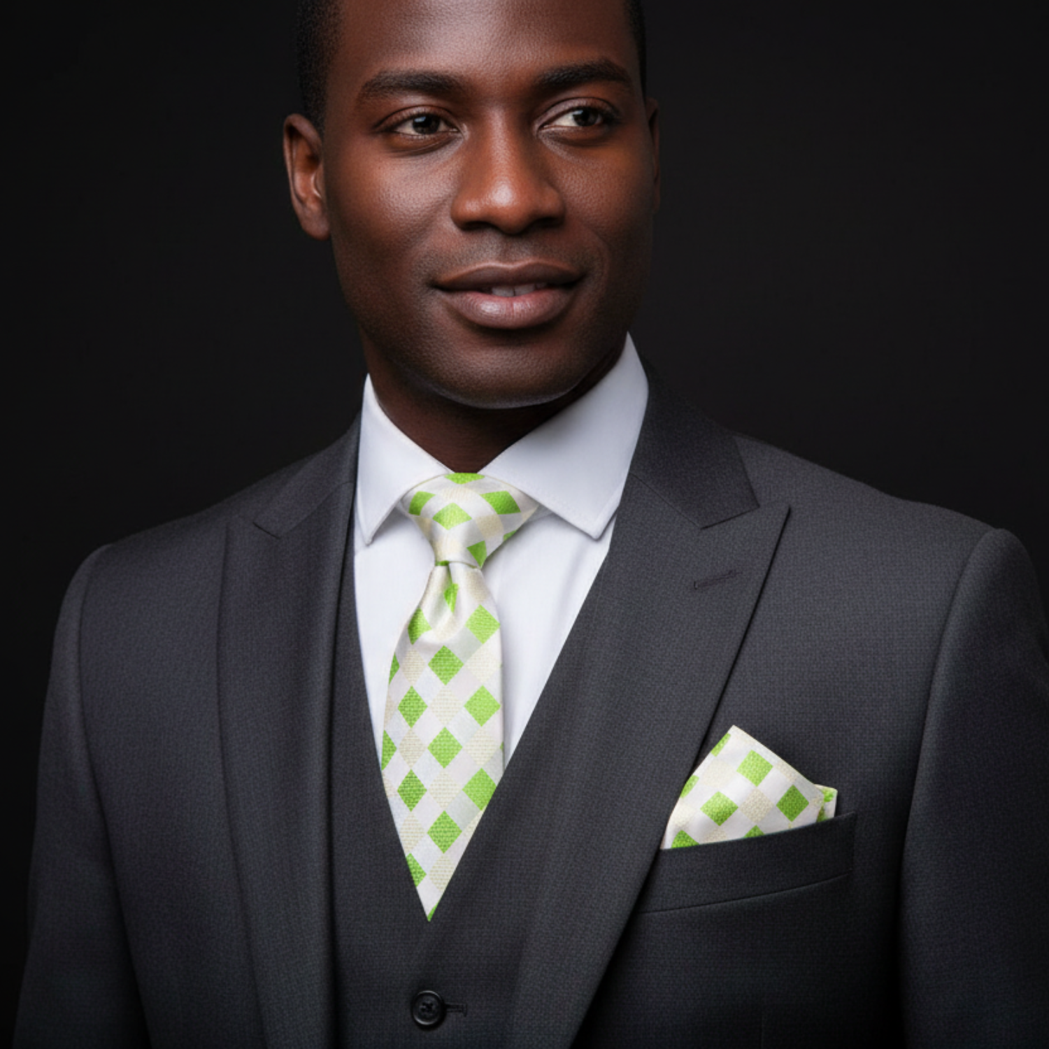 Man wearing a dark suit with a green and white patterned tie and pocket square against a black background