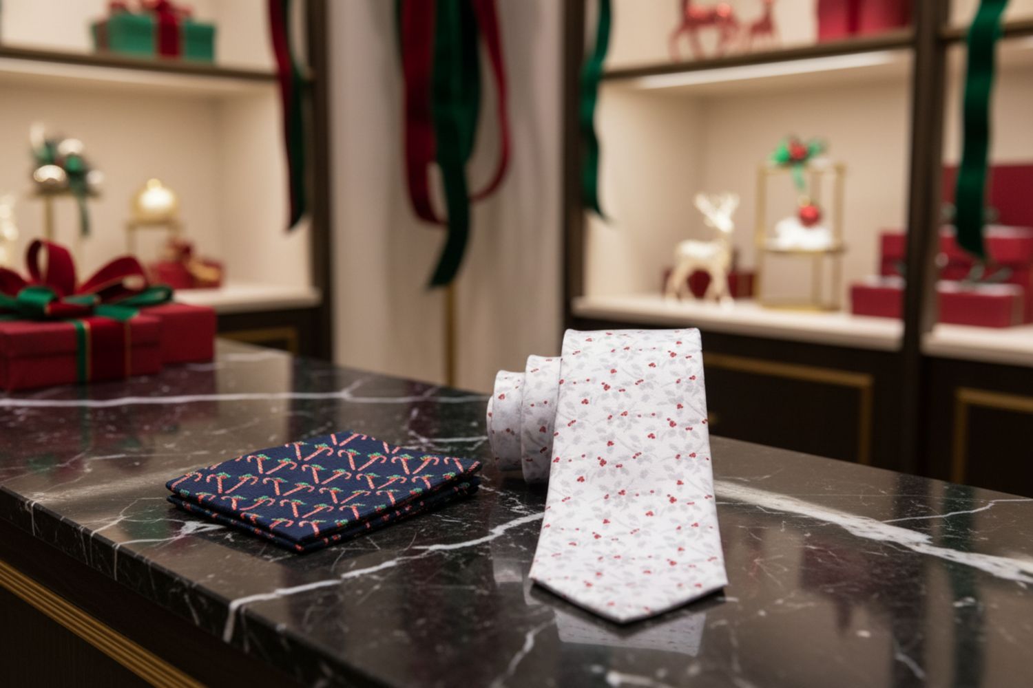 Alt White, Silver Red Mistletoe Necktie and Accenting Blue Red Candy Cane Square