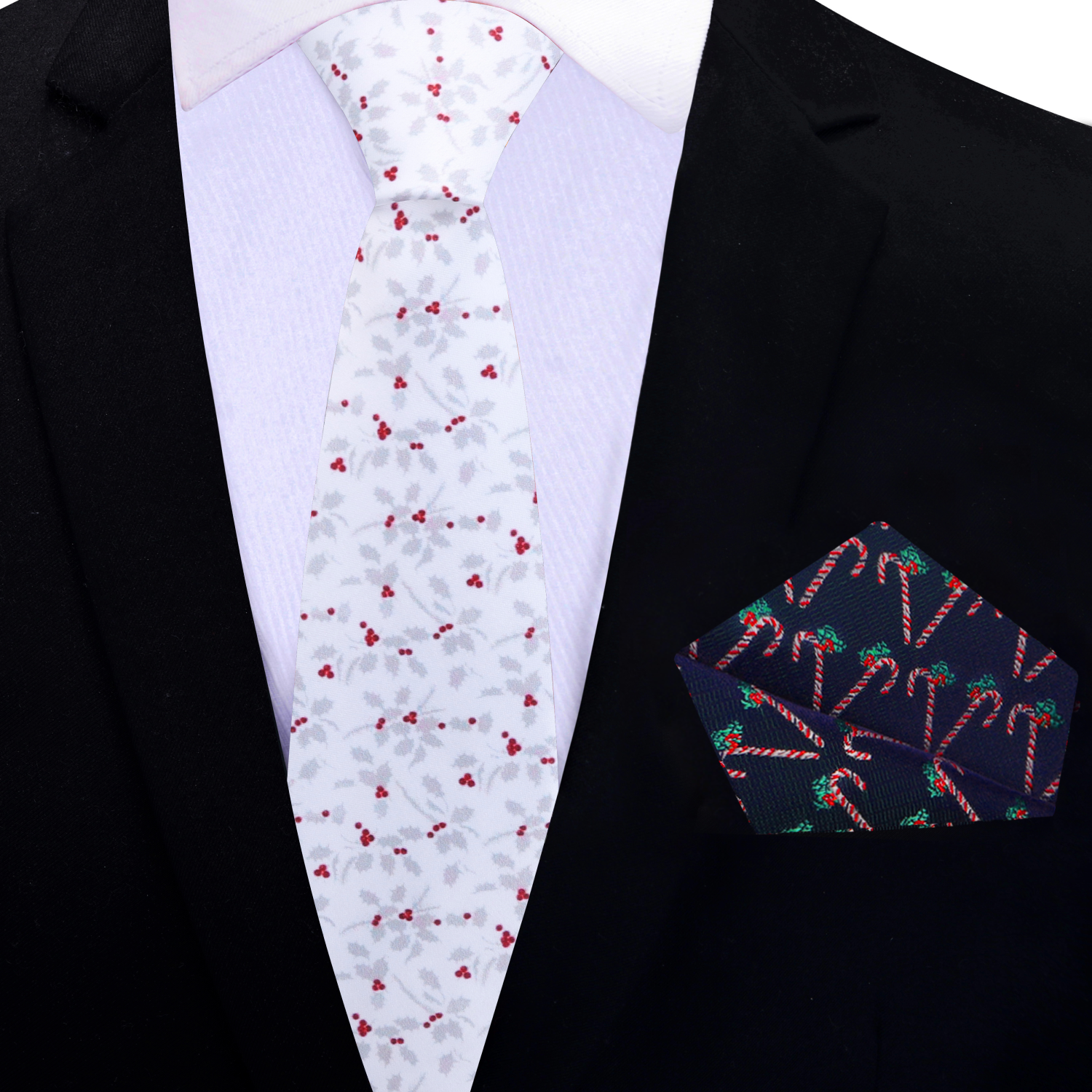 Thin White, Silver Red Mistletoe Necktie and Accenting Blue Red Candy Cane Square
