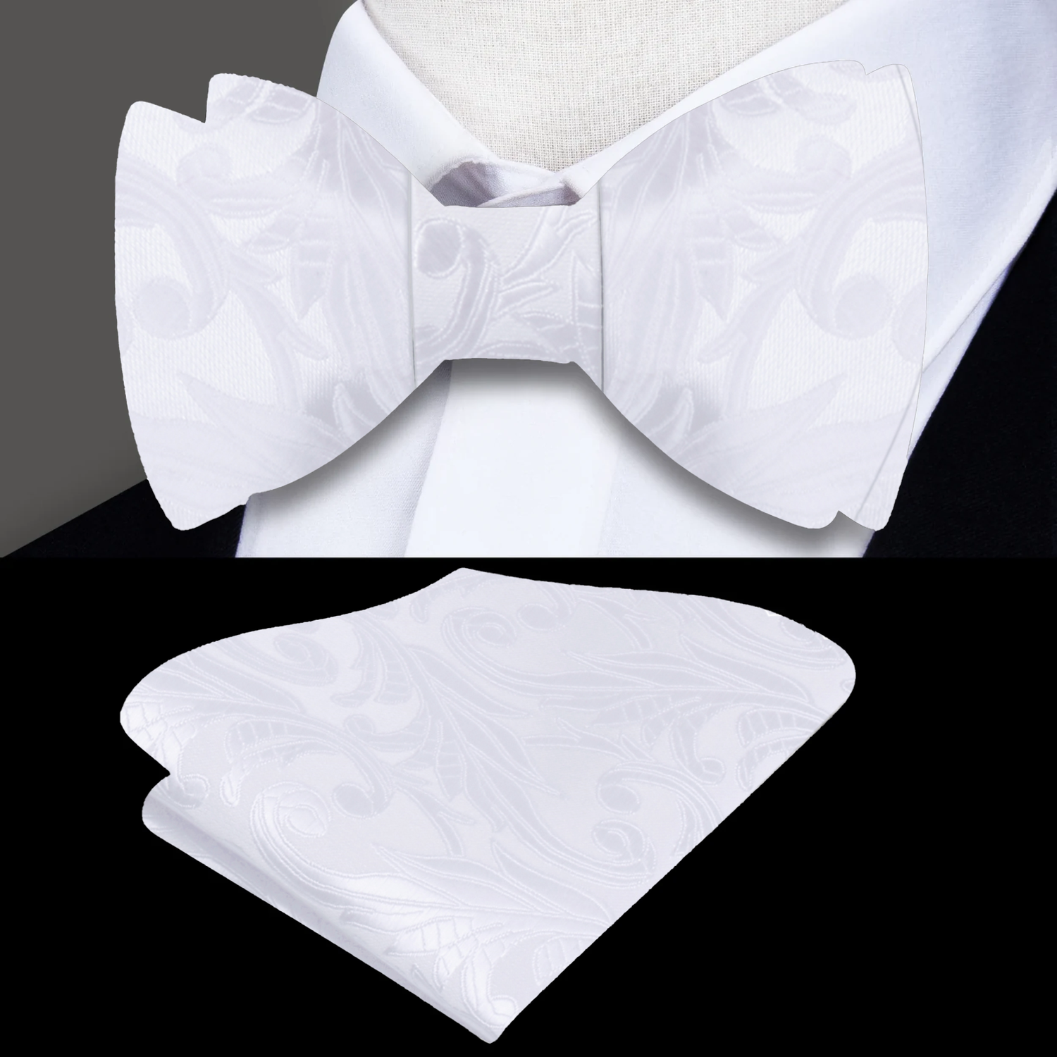 A White Floral Pattern Self Tie Bow Tie, Matching Pocket Square