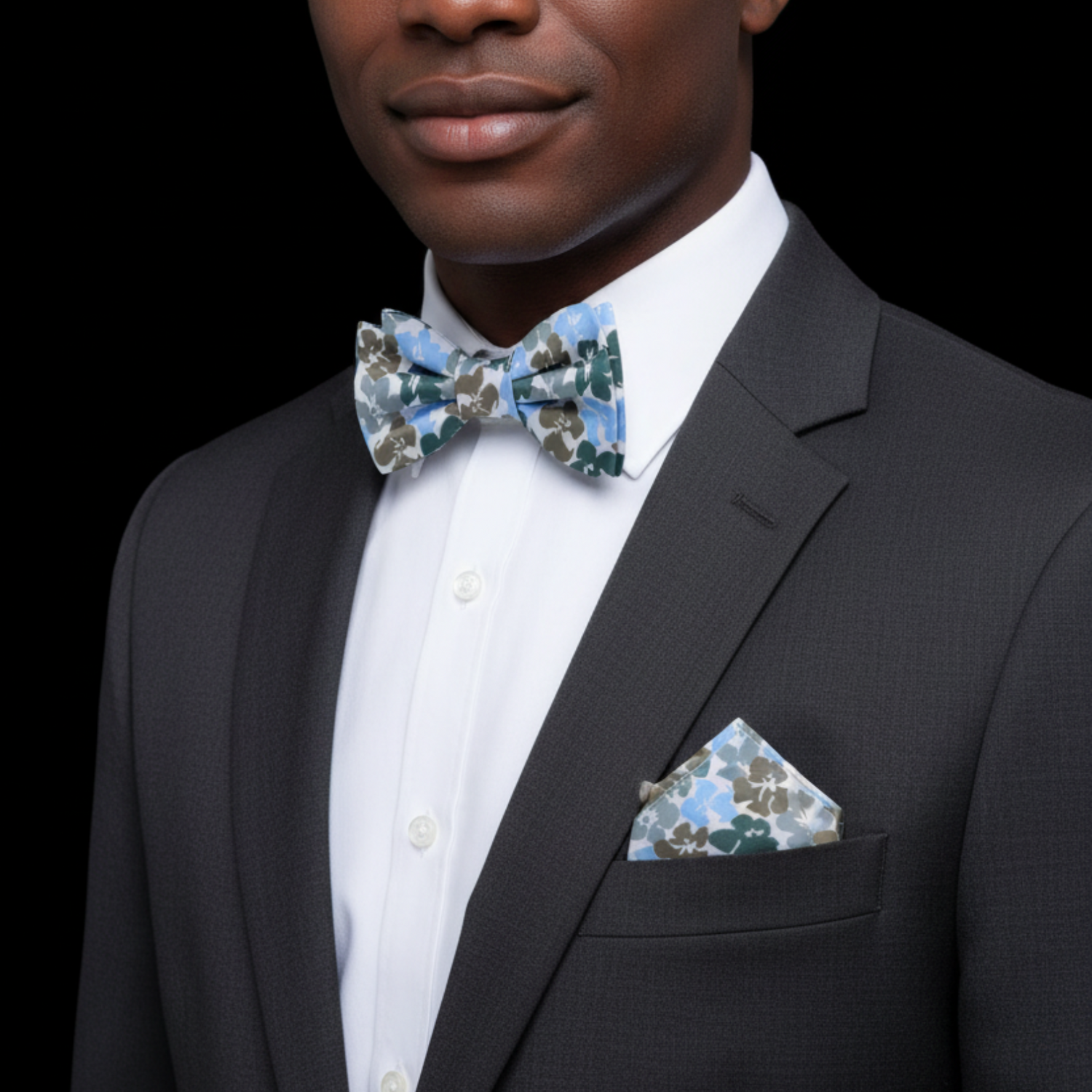 Green Brown Blue Flowers Bow Tie and Square on man