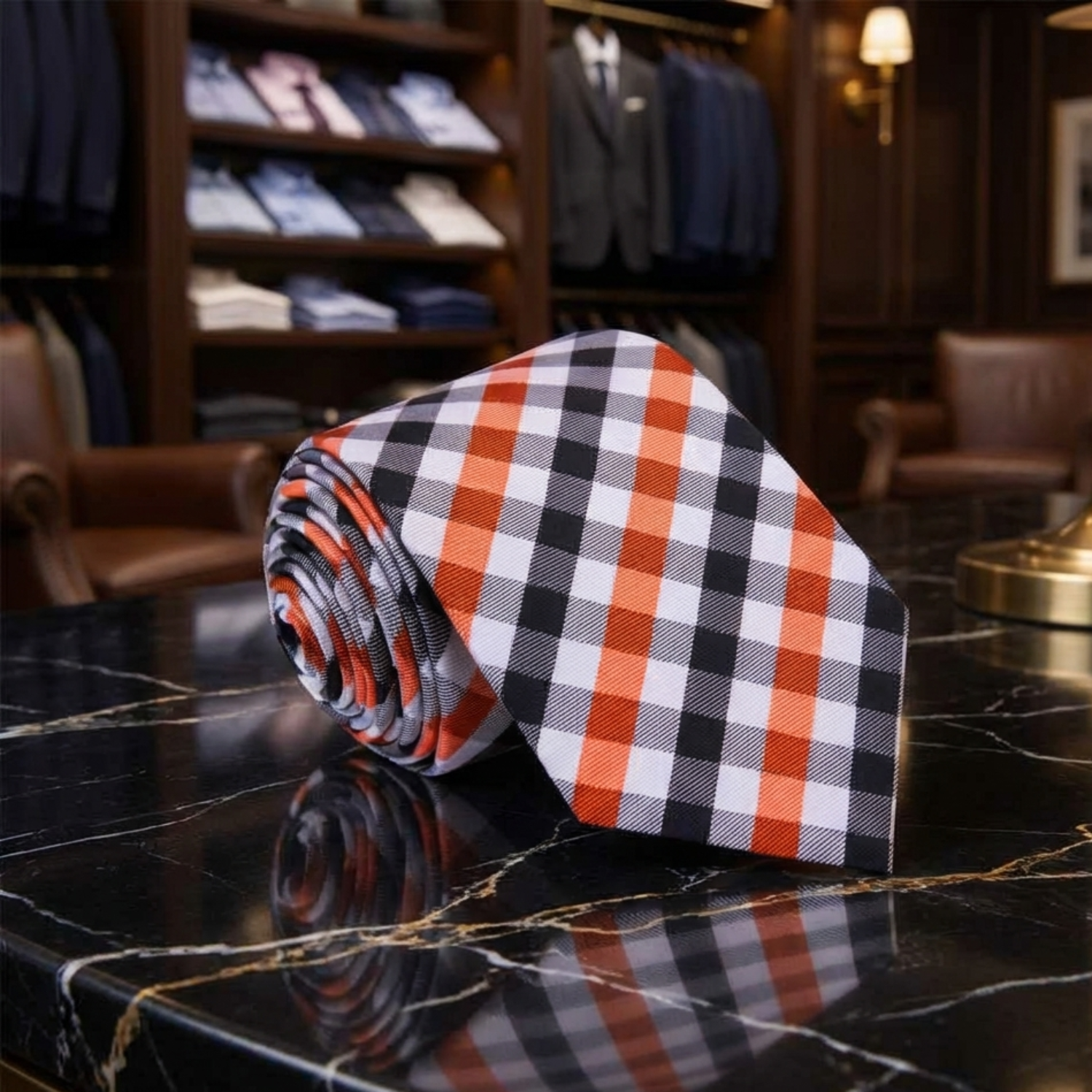 Rolled-up checkered tie on a marble surface with a clothing store background