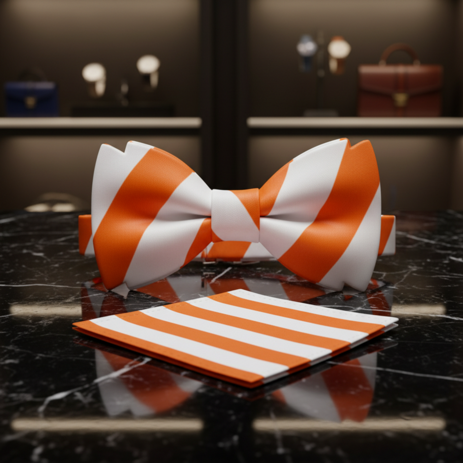 A Orange, White, Blue Stripe Pattern Self Tie Bow Tie, Matching Pocket Square