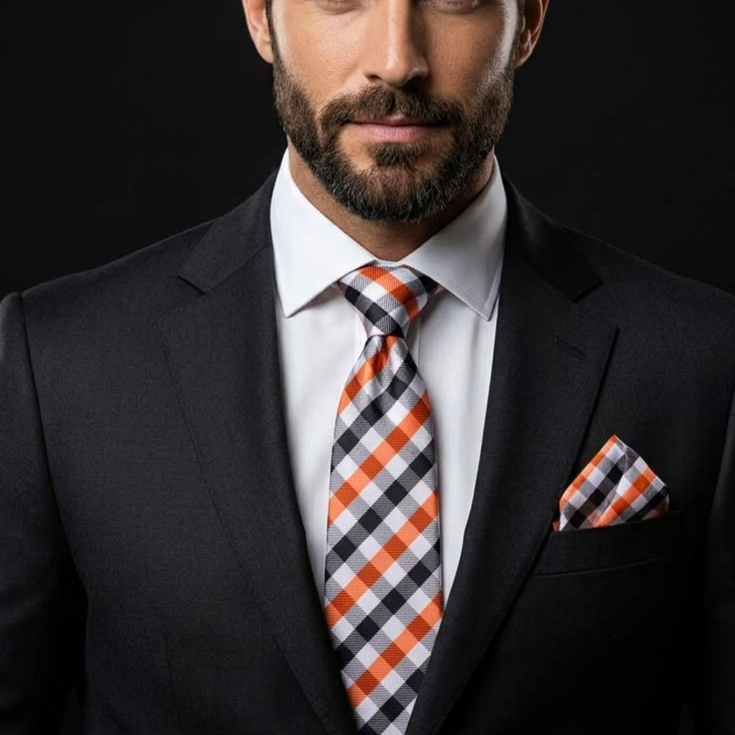Man wearing a dark suit with a checkered tie and pocket square on a black background